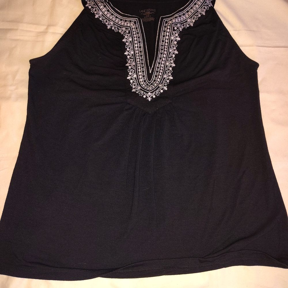 Lane Bryant Black Tank Top with White Embroidery